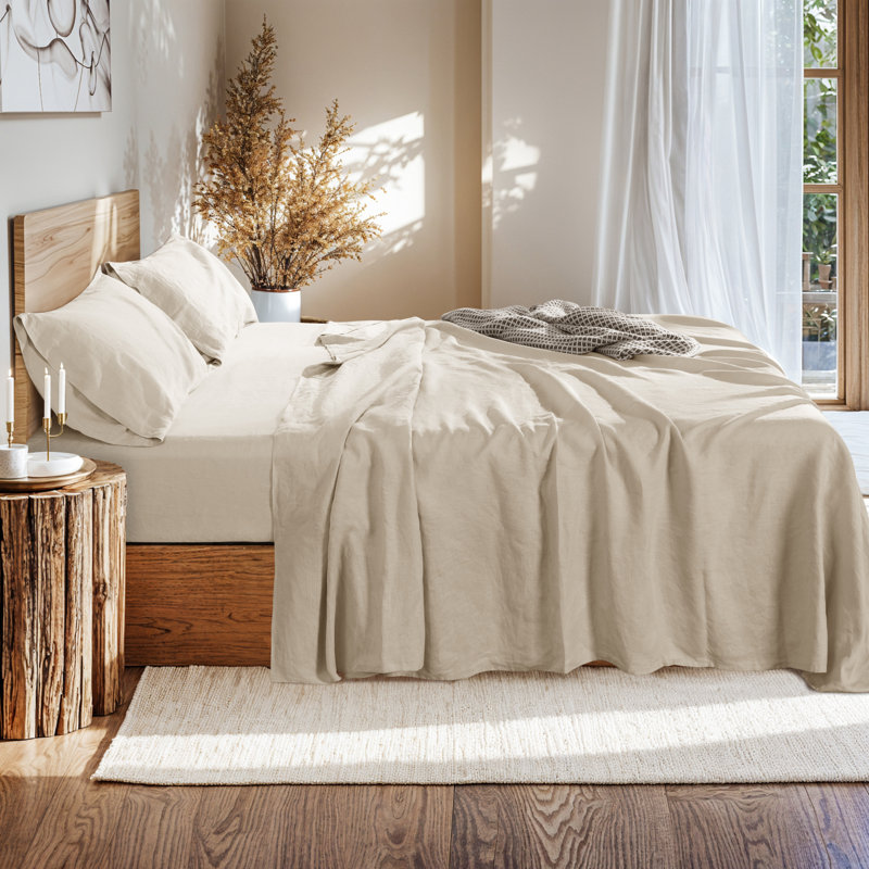 Queen Size Linen Cotton Blend Percale Sheet Set in Light Beige