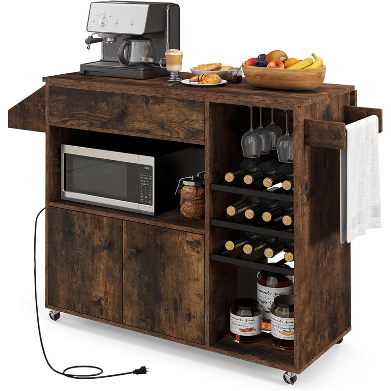 Chariot de cuisine pour îlot de cuisine avec abattant et prise de courant sur roulettes avec support en verre, Brun rustique