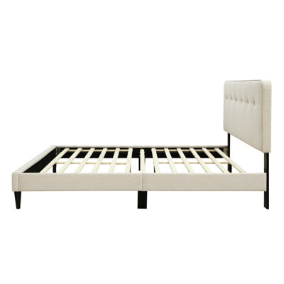 Lit double dans une boîte, revêtu de tissu blanc cassé et tête de lit de 58,5 po de largeur, 80 po de longueur tapissier de profondeur, 42,5 po de hauteur