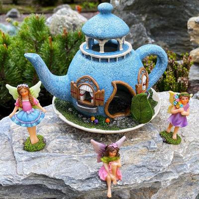 Ensemble de maison de fée 4 pièces théière, ornement de jardin intérieur et extérieur miniature de 7,1 pouces
