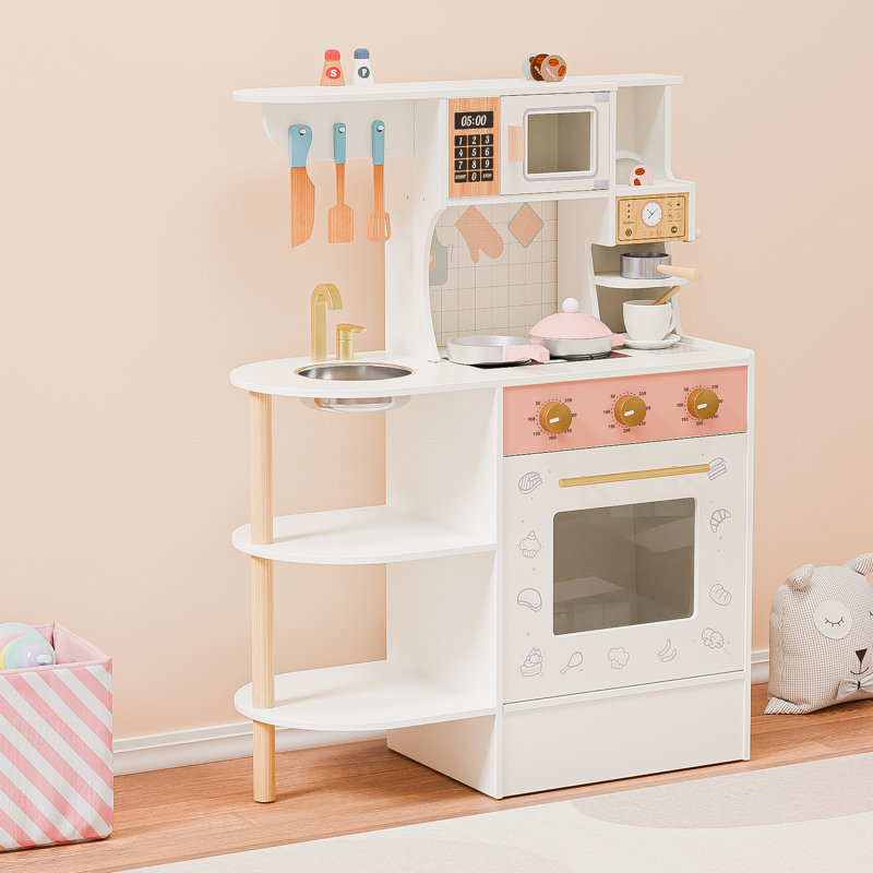 Wooden Kitchen Playset With Sink, Oven, Microwave, And Coffee Machine