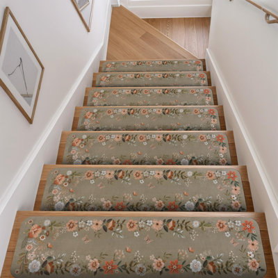 Floral Stair Treads Non-Slip Stair Runners 15PCS 30"x8" | Carpet Stair Treads for Wooden Steps Indoor Mats Staircase Step Treads for Kids, Elders and Dogs, Stair Covers, Brown