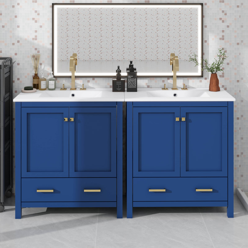 Ensemble de meuble-lavabo élégant avec lavabos en céramique et tiroirs cloisonnés, 60", Ensemble central de 4 po, Bleu