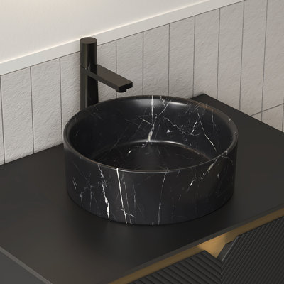 14'' Bathroom Round Ceramic Sink With Stone Pattern, No Faucet No Cabinet, Matte Black
