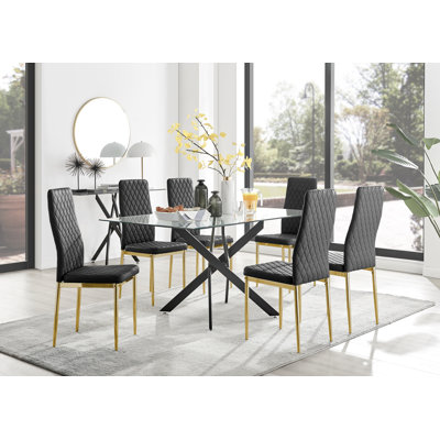 Lenworth Modern Black Metal and Glass Dining Table Set with 6 Upholstered Dining Chairs