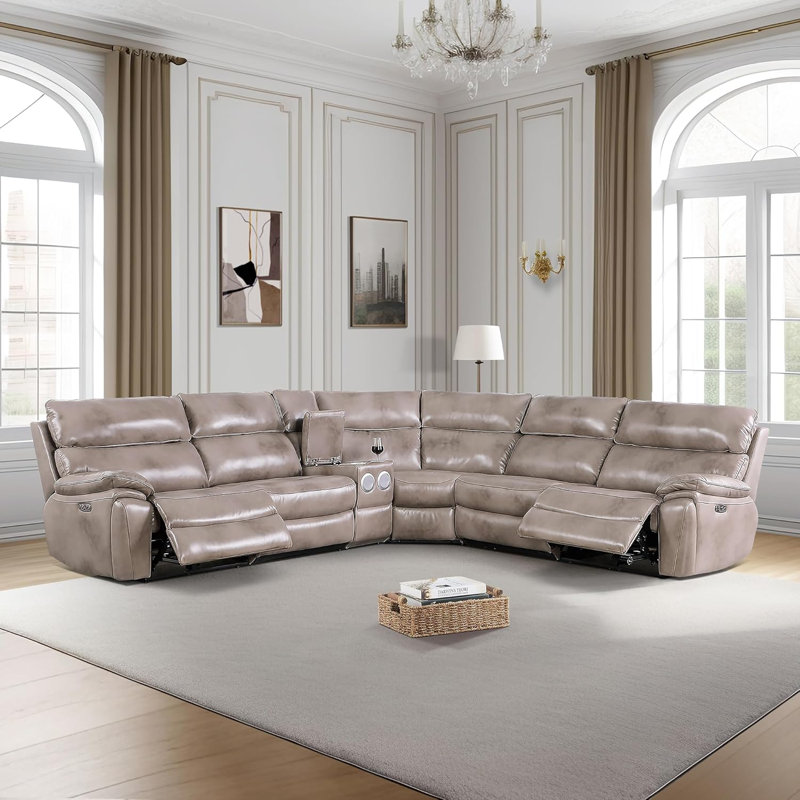 6-Piece Multifunctional Genuine Cowhide Leather Power Reclining Living Room Sectional Sofa Set With Bluetooth Speaker