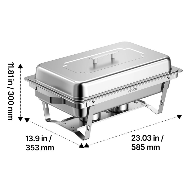 Chafing dish pour buffet, 9 QT/8,5 L, en acier inoxydable, idéal pour banquets, fêtes et mariages. Ce chauffe-plat rectangulaire comprend 2 demi-bacs, un porte-combustible et un support pliable.
