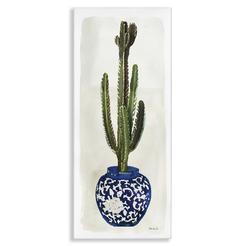 «Cactus in Blue Ornate Vase Succulent Still Life» par Stellar Design Studio - impression d'art graphique, H 48 po x l 20 po