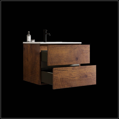 Wall Mount 24 Inch Walnut Bathroom Vanity With Ceramic Sink, Large Storage, And Soft-Closing Drawers For Modern Bathrooms