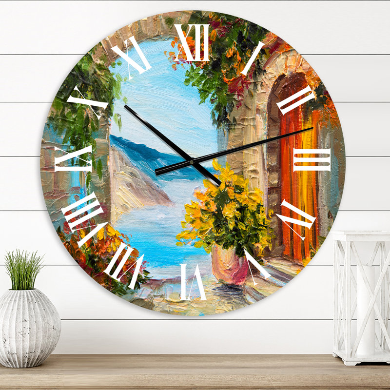Maison près de la mer, fleurs colorées, mers d'été - horloge murale nautique et côtière, Moyen
