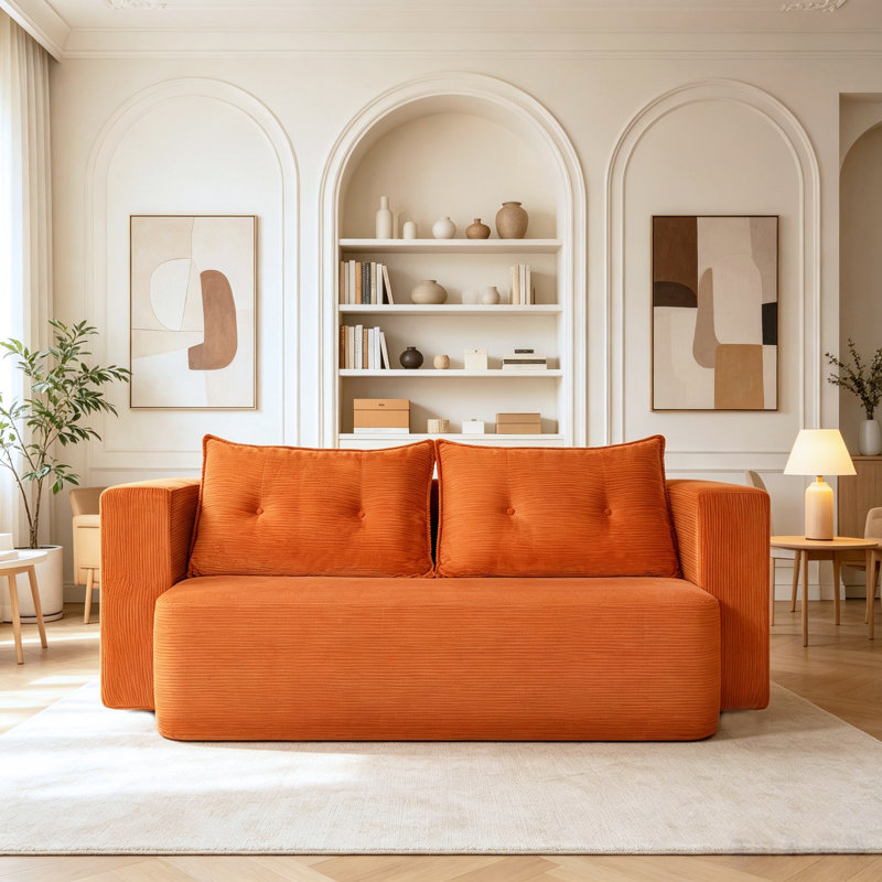 Canapé-lit moderne convertible en velours côtelé, avec matelas en mousse haute densité. Aucun assemblage requis. Parfait pour le salon et les petits appartements. Couleur : orange.