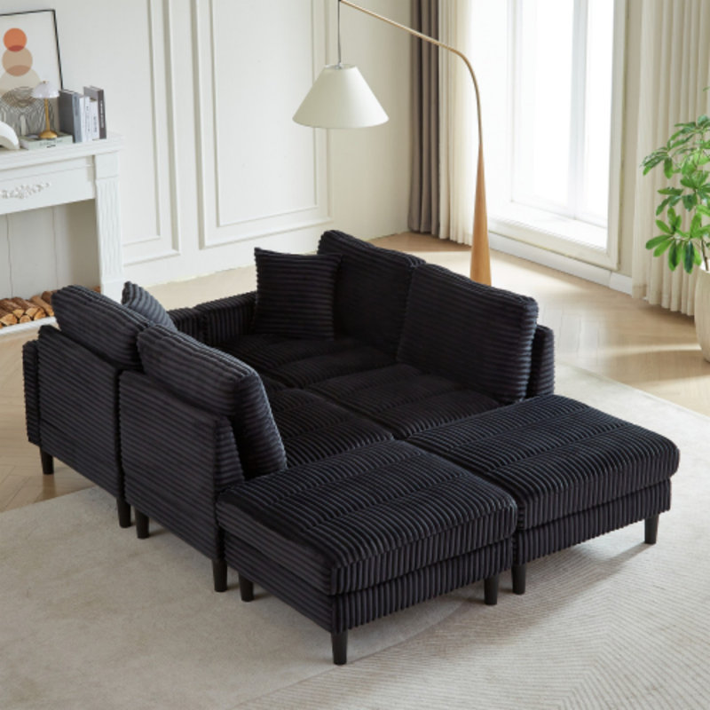 Canapé modulaire en U avec 2 coussins, Velours côtelé noir