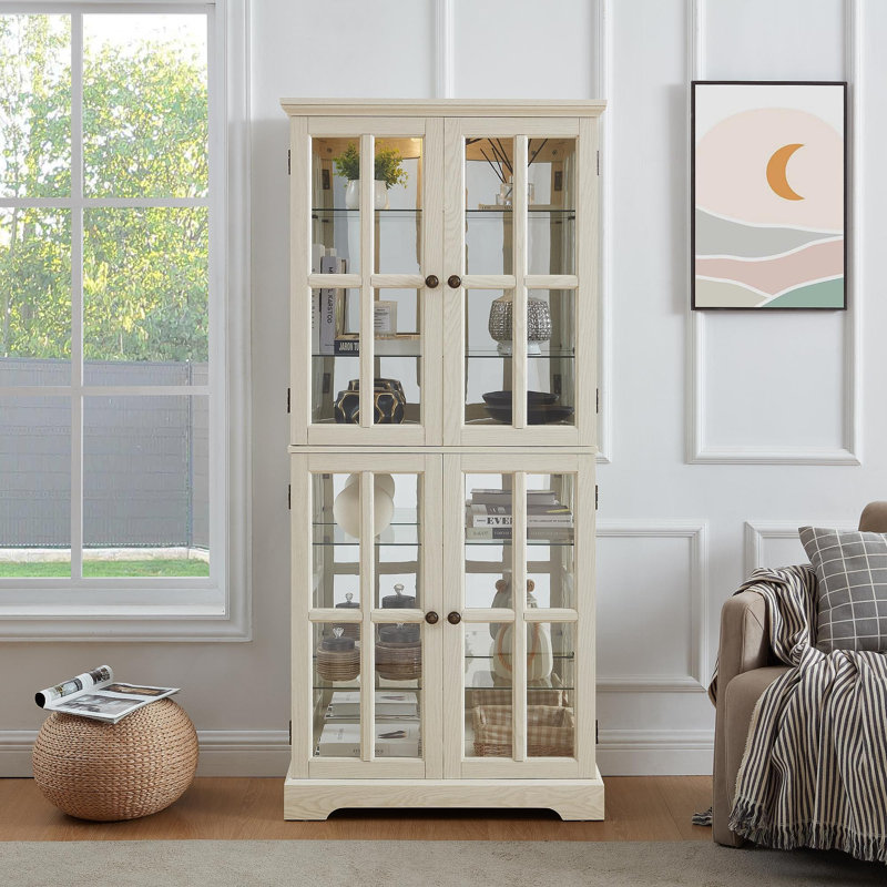 Curio Display Cabinet,Antique Display Cabinet With Glass Doors Adjustable Shelves For Collectibles Four Door Design Vintage Showcase For Home Or Office Antique Display Case E26 Bulb Included  WHI