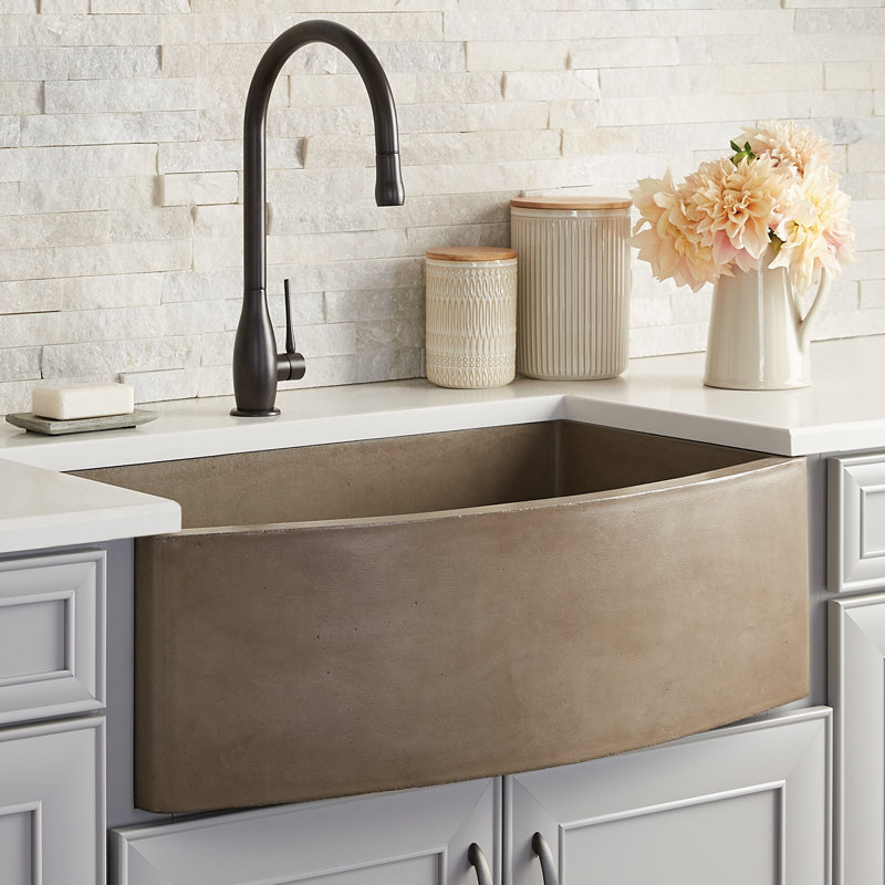 NativeStone® Concrete 33" L x 20.5" W Farmhouse Kitchen Sink with Curved Apron, Earth