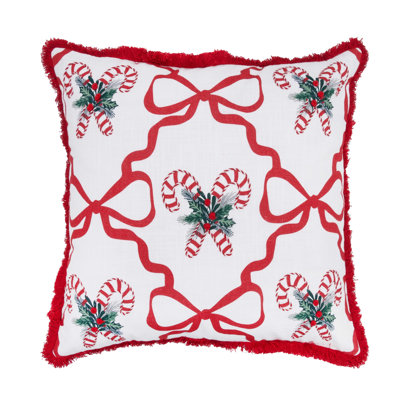 Coussin décoratif de Noël Botanical Candy Cane Bows with Franges 18 po x 18 po