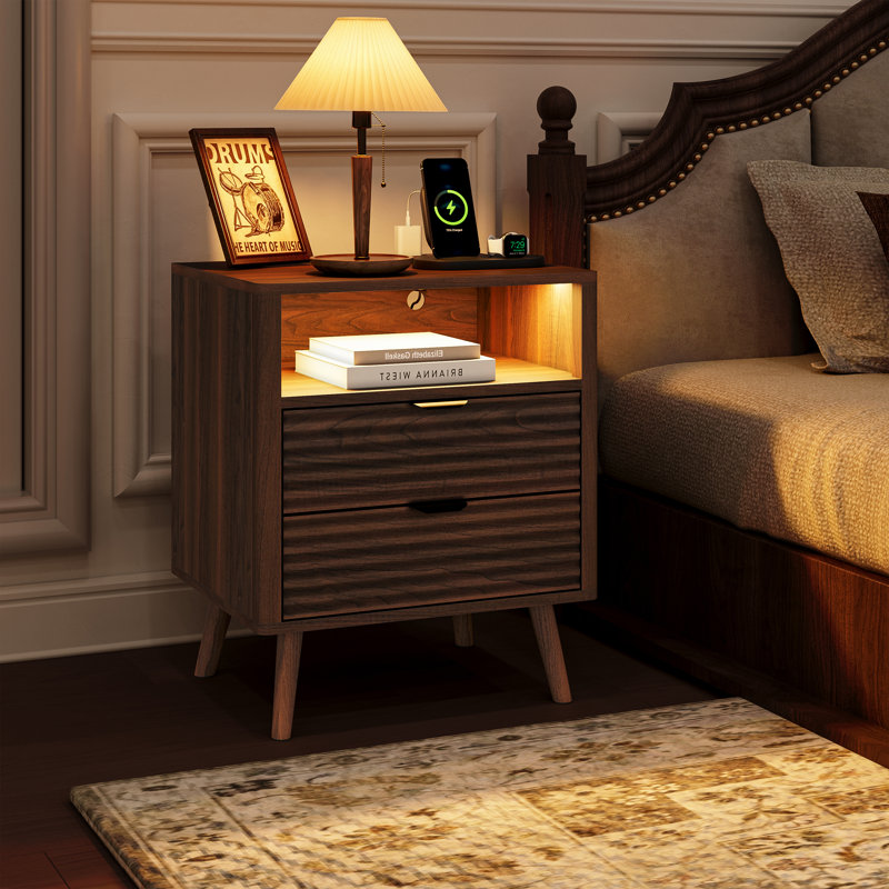 19.7" Nightstand With 2 Drawers & Open Shelf, Bedside Table With LED Lights & Outlets, End Table For Bedroom Or Living Room