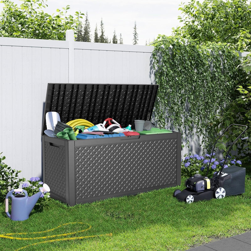 Grande boîte de rangement de 100 gallons, boîte de rangement extérieure en résine verrouillable pour meubles de patio, accessoires de piscine, boîte de rangement extérieure imperméable pour outils de jardin, noir