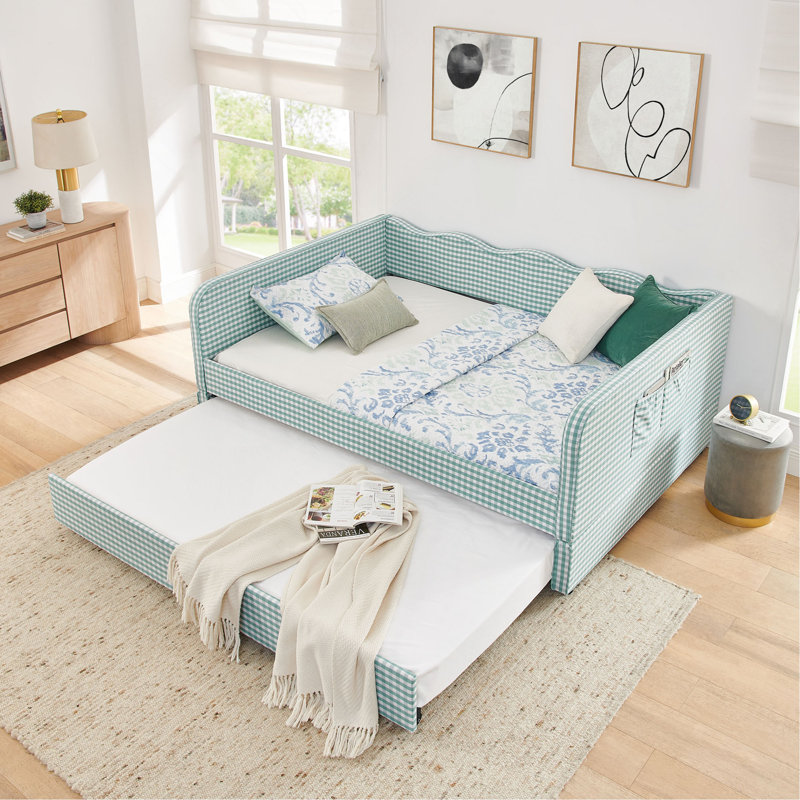 Divan-lit double convertible 3 en 1 avec couchette coulissante et poches de rangement latérales Gingham, Full, Cyan