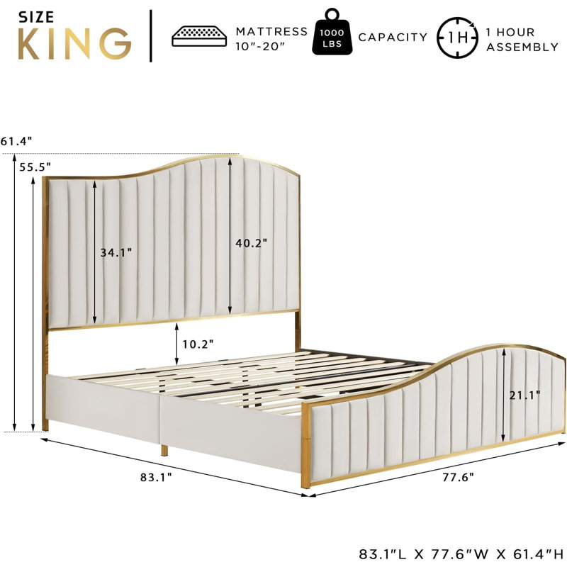 Kiari Upholstered Platform Bed with Harp Headboard & Footboard, Cream, King