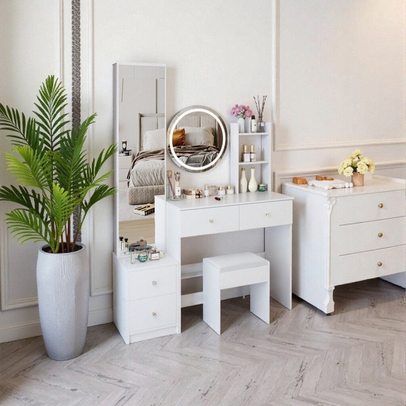 63 Inch Full Body Mirror Vanity Set with LED Table, 3-Color Adjustable Dressing Station with Storage Stool, White