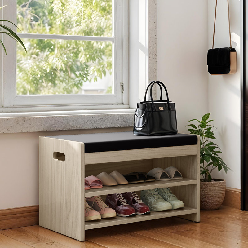 6 Pair PU Shoe Bench With Handle, Natural Wood/Black