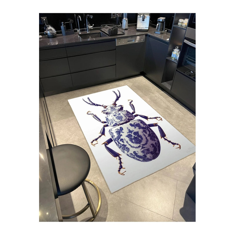Blue Insect Patterned Washable Carpet, Runner 3'4" x 9'11"