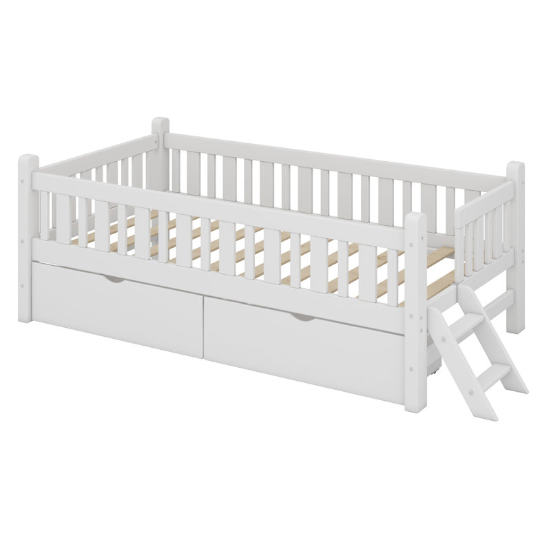 Lit plateforme en bois avec garde-corps et 2 tiroirs, Blanc