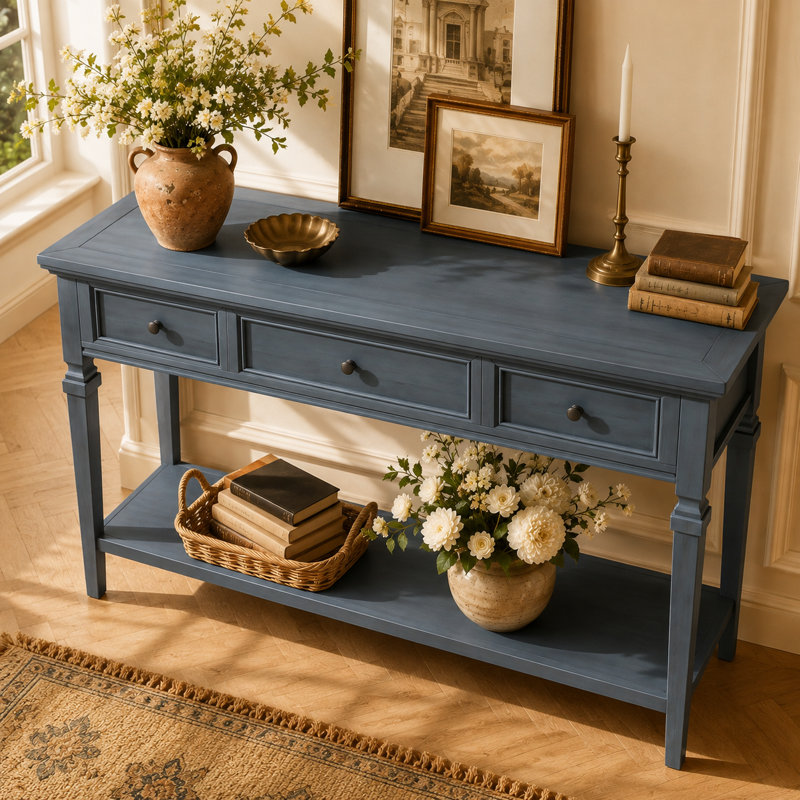 Console rétro Velmont 50 po avec 3 tiroirs et tablette inférieure, table d'entrée en bois massif avec poignées en métal vintage, meuble de rangement pour salon ou couloir.