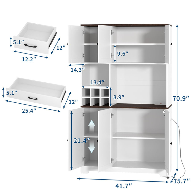 Armoire de cuisine autoportante de 71 pouces de hauteur, armoire de rangement avec portes et étagères réglables