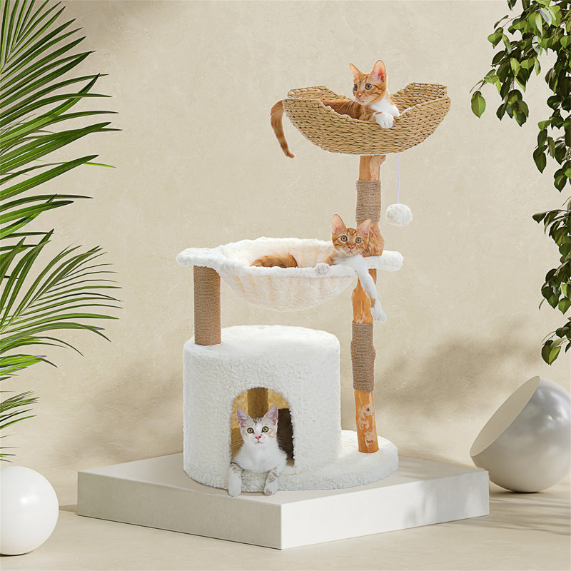 Arbre à chat moderne avec poteau à griffer en bois massif naturel, tour à chat de 101,6 cm avec panier en osier spacieux, grand hamac, condo de luxe pour chats d'intérieur