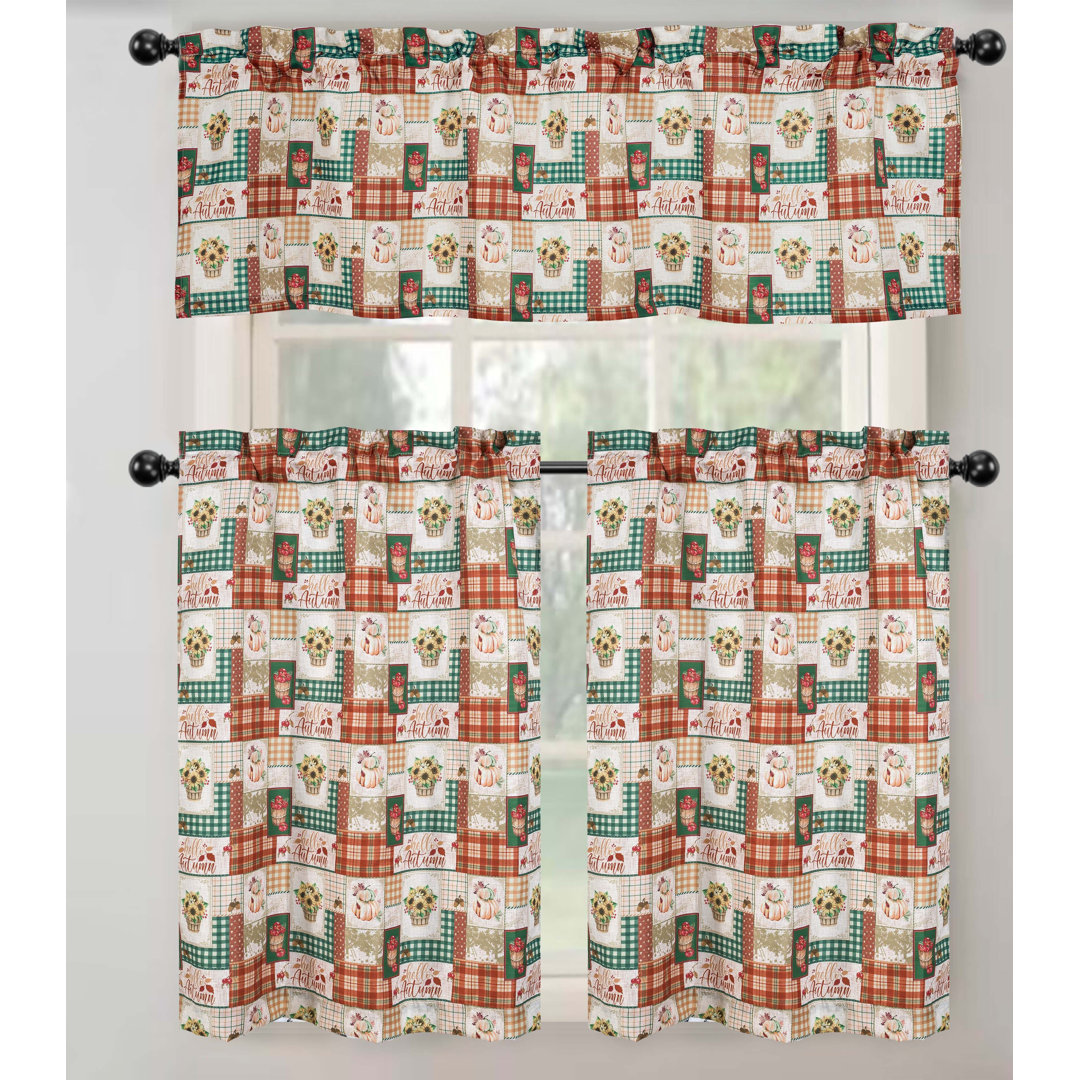 Kate Aurora Country Farmhouse Autumn Harvest Plaid Kitchen Curtain Tier Set - Sunflowers & Pumpkins August Grove®