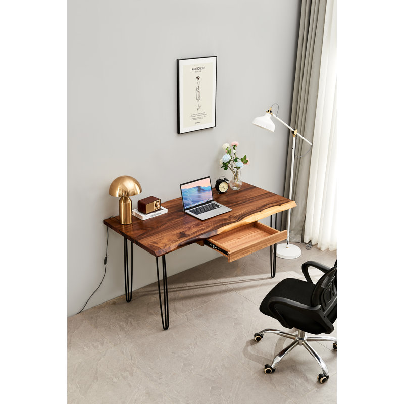  Live Edge Desk with Hairpin Legs and South American Walnut, Live Edge Desk with Drawer Storage, 29.5" H x 34" W x 20" D