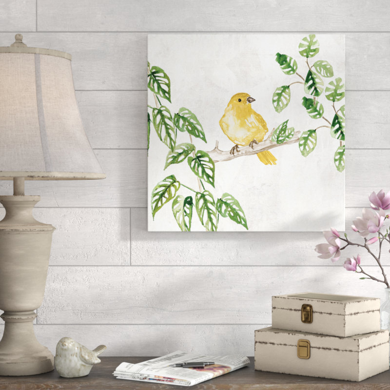 Petit oiseau tropical sur une branche - reproduction sur toile, H 20 po x l 20 po