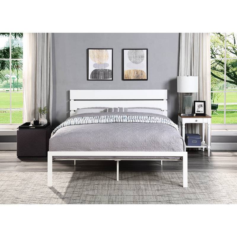Grand lit en métal blanc - Style contemporain décontracté avec capacité de poids de 500 lb dans un design moderne