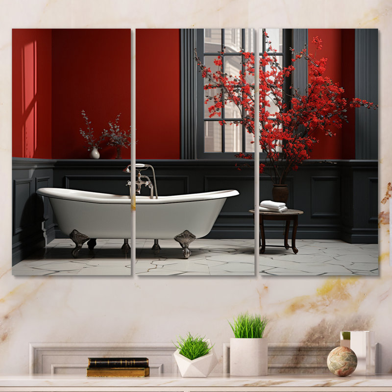 «Red Modern Bathroom Charm V» sur toile, ensemble de 3 pièces, H 28 po x l 36 po x P 1 po