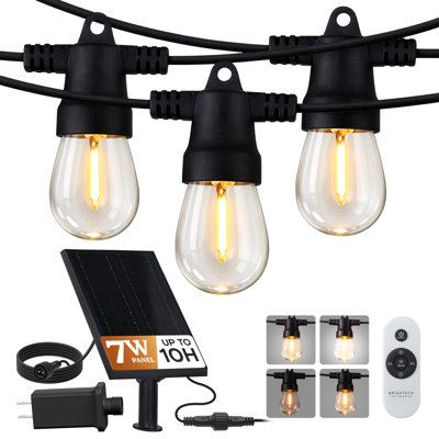 Hybrid 104 ft. Solar Powered & Plug-In LED String Lights Outdoor Patio Waterproof with 48 S14 Shatterproof Bulbs, Dimmable, 3 Color Temps, Remote Control