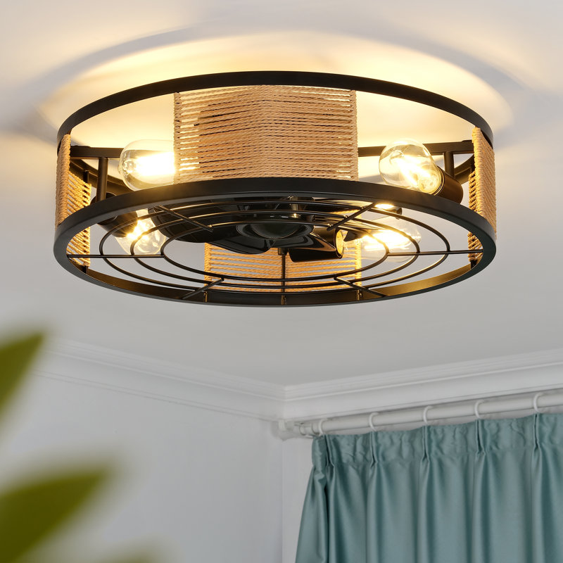 20" Farmhouse Caged Ceiling Fan Featuring A Fabric Style Light Kit And Remote Control.