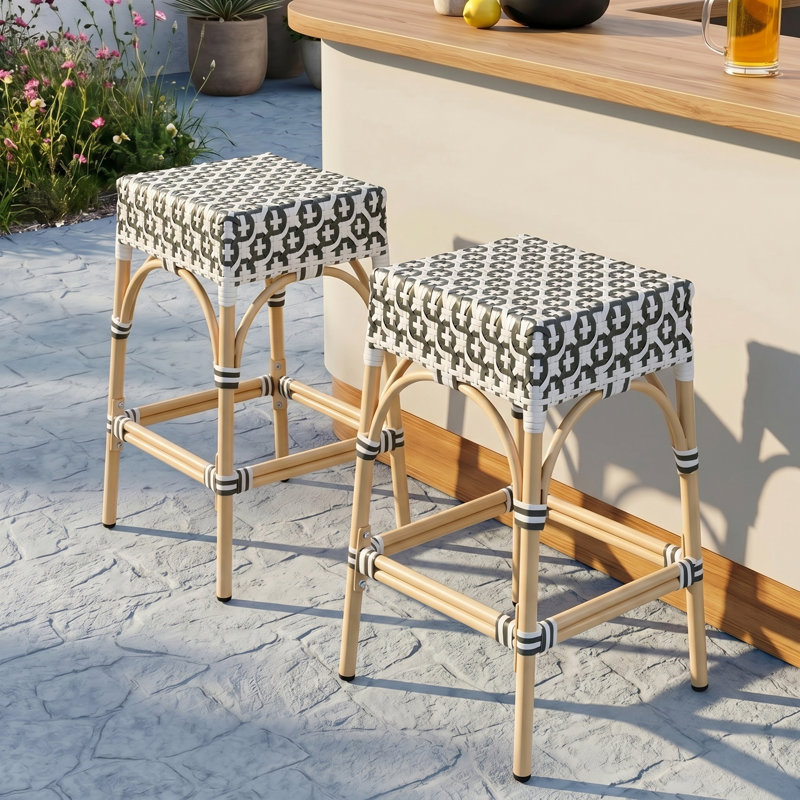 Tabourets de bar en polyuréthane tissé Coastal, Noir / blanc