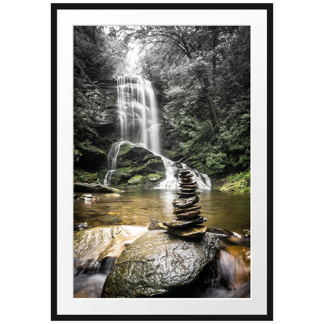 Gerahmtes Poster Zen Steine vor Wasserfall