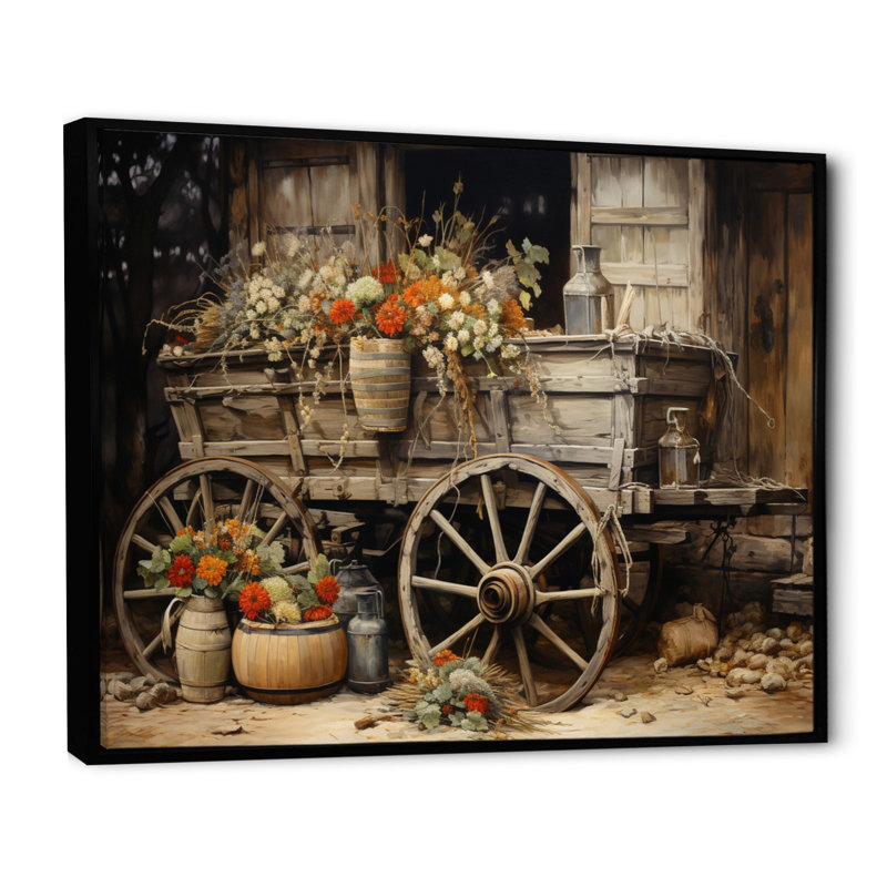 «Grey Old Cart Of Flowers I» - impressions sur toile de vieux chariot américain, H 12 po x l 20 po x P 1 po