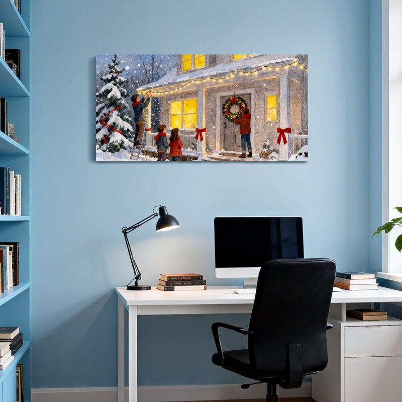 Noël, Noël, famille, décoration, maison, nuit enneigée, H 16 po x l 32 po