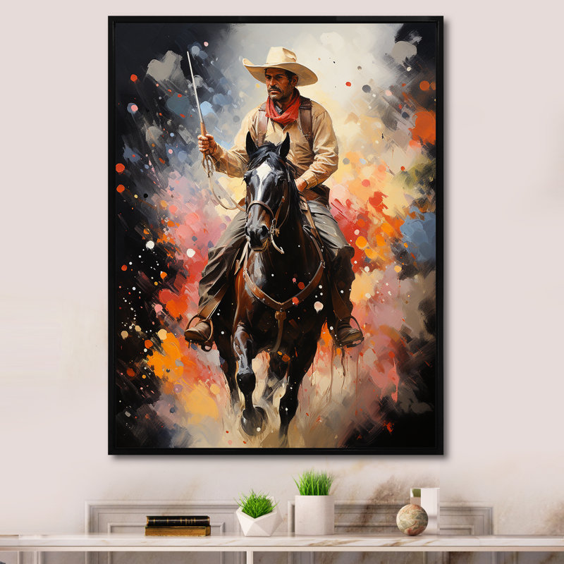 Popart Cowboys Journey V - Cowboys, art mural, Cadre flottant noir, H 32 po x l 24 po x P 1 po