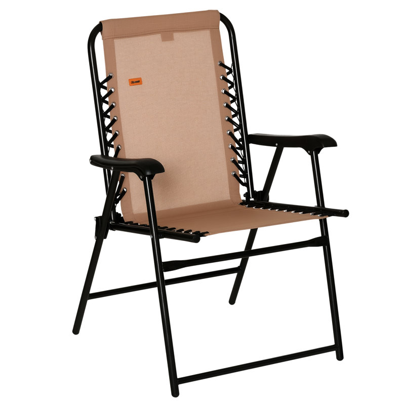 Patio Folding Chair, Outdoor Bungee Sling Chair W/ Armrests, Portable Lawn Chair For Camping, Garden, Pool, Beach, Backyard, Beige