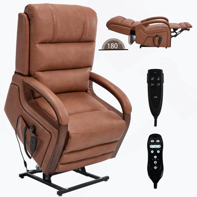 Power Brown Leatheraire Lift Recliner Chair Dual Motor Infinite Position Up To 350 LBS