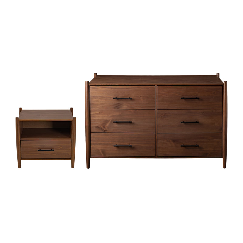 Ensemble de chambre à coucher Josiah 2 pièces en bois massif comprenant une commode à 6 tiroirs et une table de chevet à 1 tiroir avec tablette ouverte