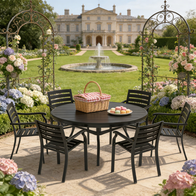 Ensemble de 7 chaises d'extérieur avec chaises empilables et table ronde en métal à lattes pour le jardin, la terrasse ou la cour.