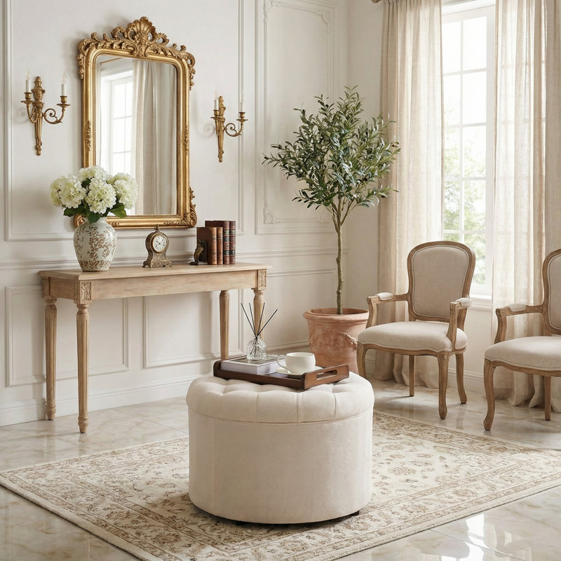 Charleroi 24" Wide Round Upholstered Ottoman With Storage, Upholstered Ottoman, Beige