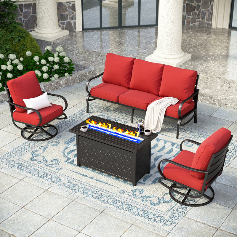 Ensemble de conversation de patio pour 5 personnes Tapasi avec chaises longues pivotantes et table de foyer, Rouge