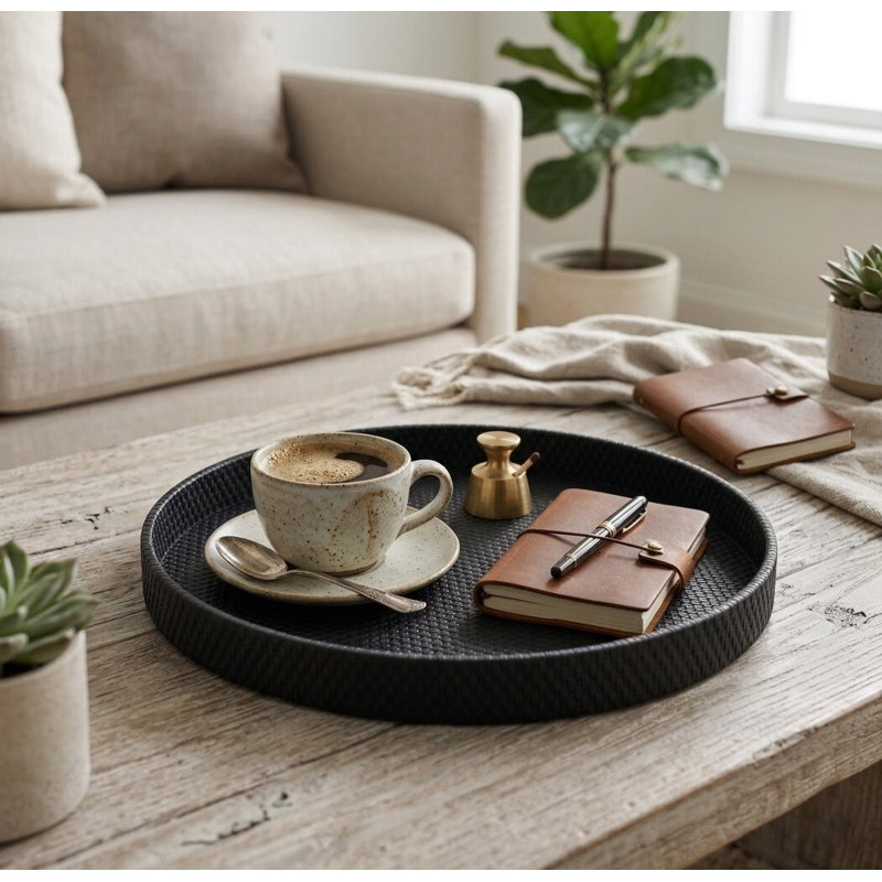 Tamsin Weave Pattern Round Serving Tray, Black