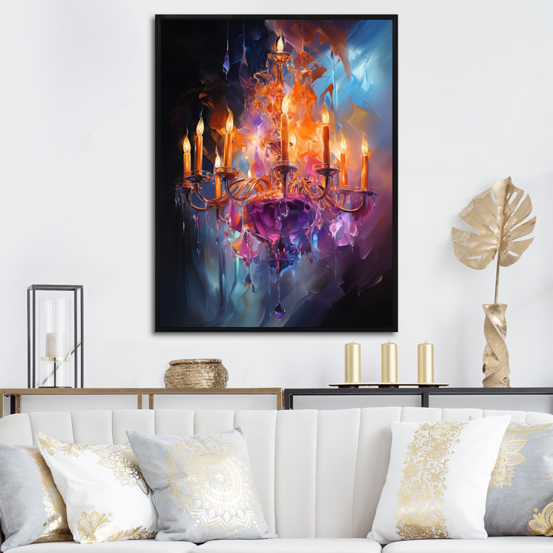 «Chandelier Dancing Light», reproduction sur toile, Cadre flottant noir, H 44 po x l 34 po x P 1,5 po